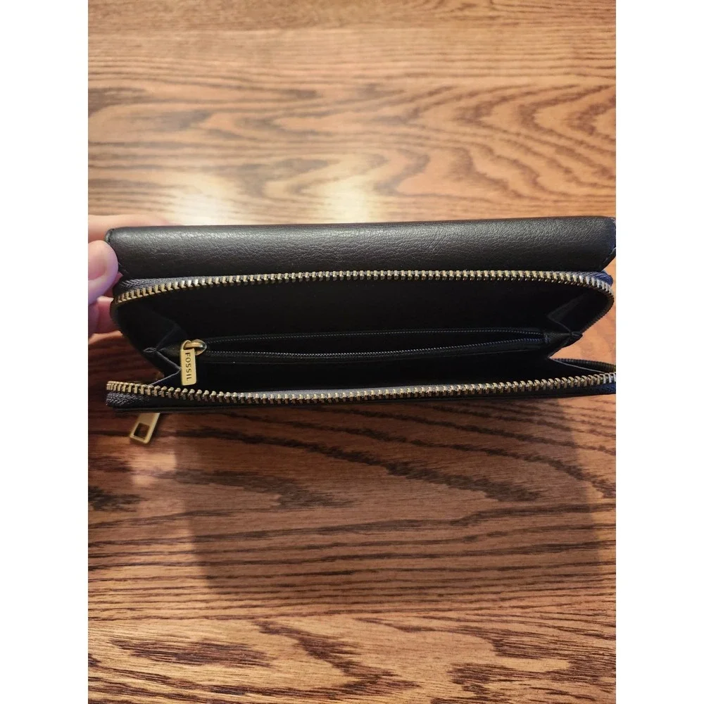 Fossil Jori Leather‎ RFID Flap Clutch Wallet Womens Black